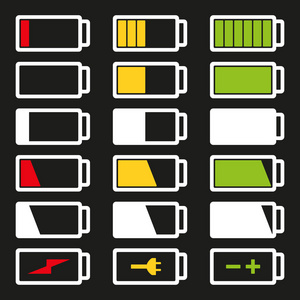 电池平面图标集矢量图示在灰色背景下隔离
