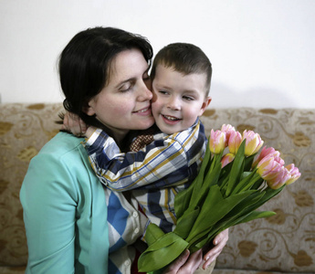 s day and gives her a bouquet of beautiful tulips