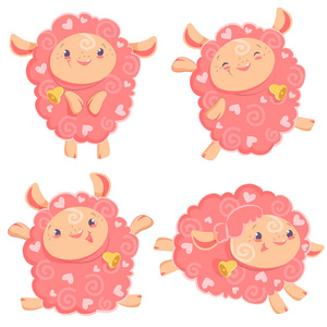 矢量插图剪贴画套装可爱滑稽的粉红色女孩绵羊跳舞奔跑跳跃逗留与响铃为孩子和婴孩印刷品和纺织品设计, 墙壁设计, 贴纸, 艺术
