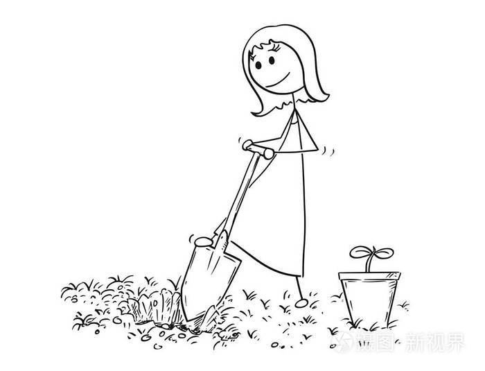 园艺女工的卡通画挖一个洞为植物