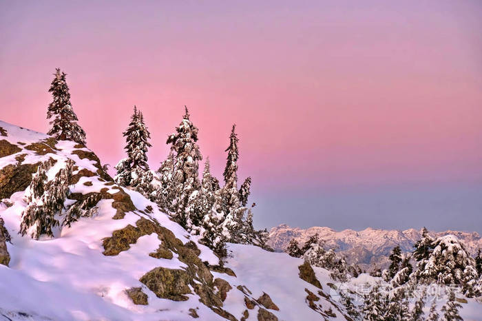 日出时在温哥华附近的群山粉红色的彩色