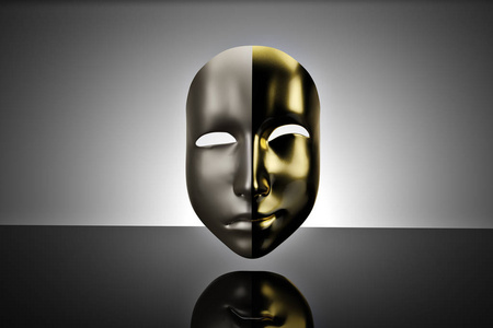 金色和银色面具在黑色背景上的阴和阳面具. 3 d