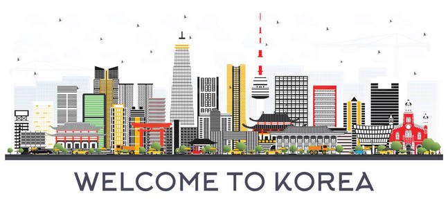 韩国城市天际线与彩色建筑