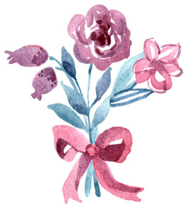 水彩花和丝带可爱的水彩手绘花束与春天的花朵和粉红色的丝带照片