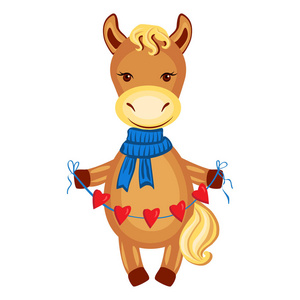 孤立的小马驹情人马与心的花环矢量儿童卡通动物, 国内可爱的小马驹在