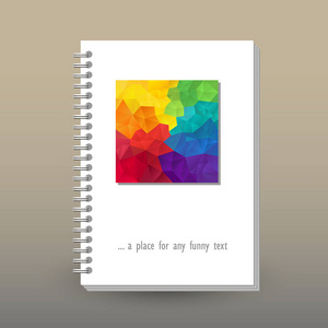 带环形螺旋粘结剂的日记本或笔记本的矢量封面. 格式 A5. 版式小册子概念. 全彩彩虹光谱. 多边形三角形图案