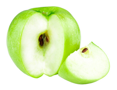 绿色苹果水果和苹果片分离在白色 backgro