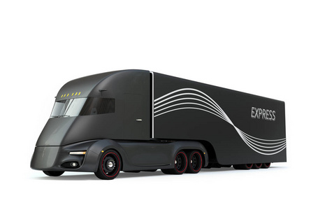 黑色自动驾驶电动半卡车隔离在白色背景上。 三维渲染图像。