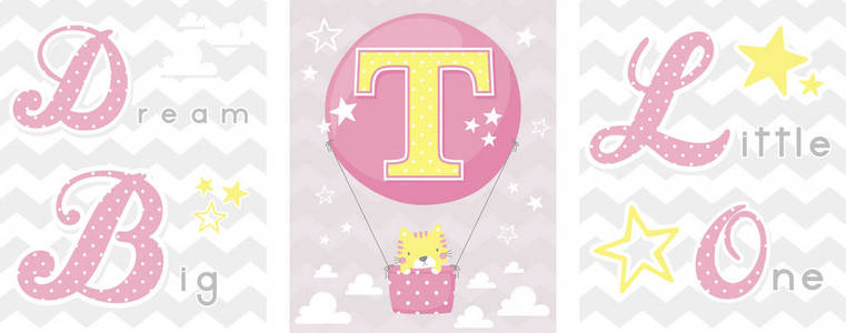 海报集梦想，大，小一口号与婴儿猫和气球与初始T。可用于托儿所艺术装饰，新生儿装饰和婴儿淋浴。