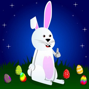复活节兔子用手指着观众。 矢量卡通人物插图。