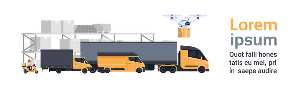 仓库交付, 不同的卡车车和卡车在容器运输和运输概念水平横幅与拷贝空间