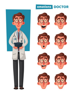 聪明的医生滑稽的人物设计。卡通矢量插图