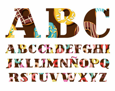 带有结冰矢量的西班牙字体甜甜圈。 西班牙字母表的大写字母。 巧克力背景上彩色糖霜的甜甜圈。 带有衬线的彩色字体。 矢量剪辑艺术。