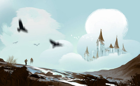 数字艺术插画绘画风格云与雪山的大城堡, 童话, 幻想概念