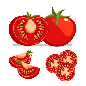 设置不同的西红柿背景下隔离。卡通插图。整片, 切片, 季度和一半的西红柿