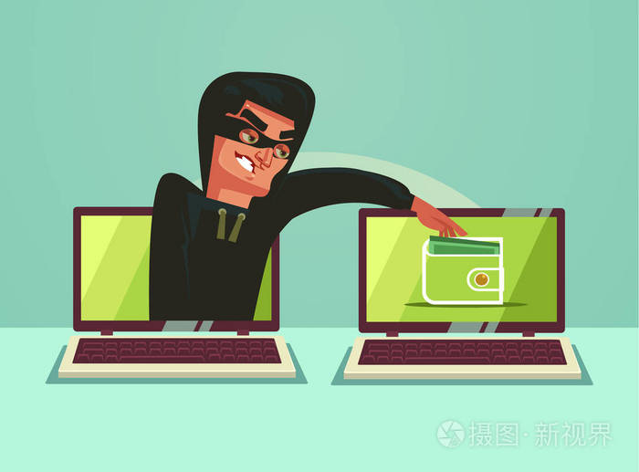 电脑黑客人物网上偷钱.矢量平面卡通插图
