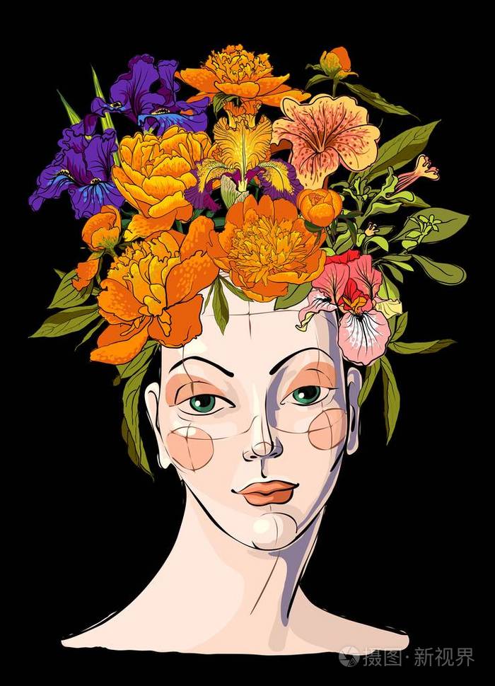 春天妇女与花她的头发插画-正版商用图片11afof-摄图新视界