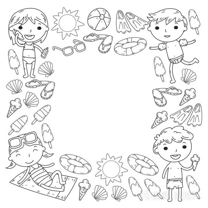 沙滩, 沙子城堡, 太阳镜, 冰淇淋, 太阳,插画-正版商用图