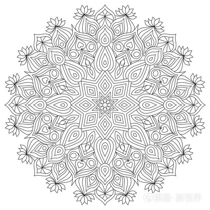 成人花圆形曼荼罗.着色书页设计.抗应力黑白复古装饰元素.