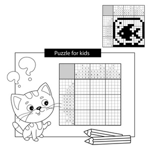 教育益智游戏的学童。水族馆与鱼。黑白纵横字谜的答案。古日本拼图回答。图形纵横字谜。着色页轮廓的小猫。着色书为孩子