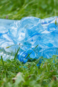 公园草坪上的矿泉水瓶, 垃圾的环境照片