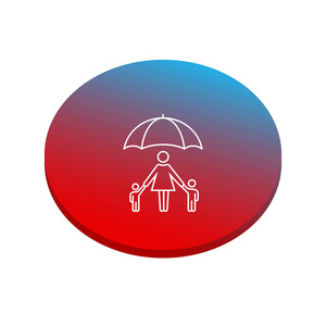 母亲带着孩子在伞下，红色和蓝色椭圆，白色背景