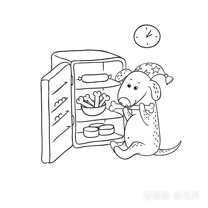 字符饥饿狗在夜盖帽坐在打开的冰箱在晚上和吃骨头.
