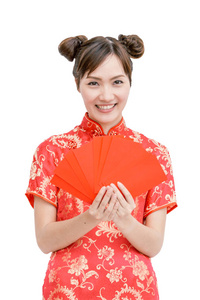 中国妇女手持红色信封, 隔离背景与 cli