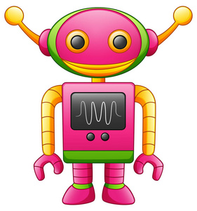 白色背景上孤立的可爱卡通机器人人物矢量插图照片