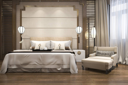 3D渲染中国豪华经典卧室与木地板