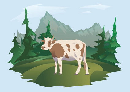在草地上放牧的奶牛, 高山景观。牛奶或乳制品包装的矢量说明