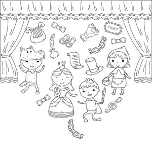 儿童剧场演出.幼稚园音乐剧.学校的孩子们玩.舞台, 娱乐, 电影院.
