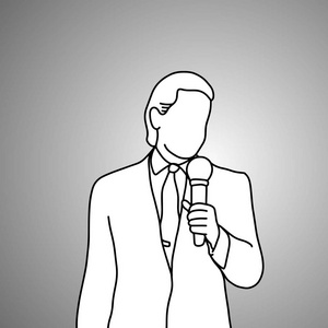 话筒比赛站立的商人与话筒在他的左手向量例证涂鸦剪影手画与黑线被