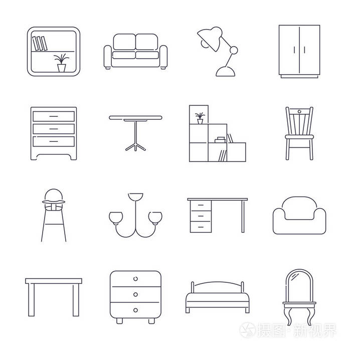 以细线样式收集家居家具图标.可编辑描边
