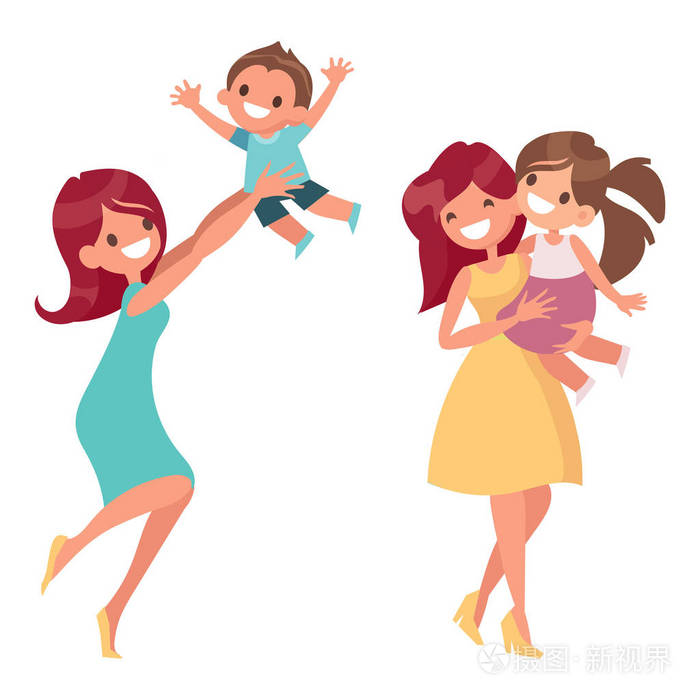 妈妈抱着她的女儿和她的儿子玩.