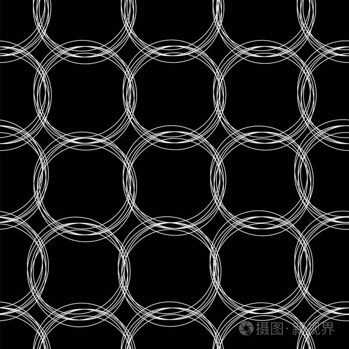 黑色背景上具有抽象白色圆圈的无缝矢量模式
