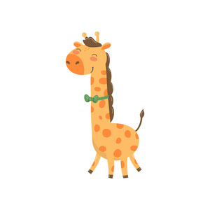 可爱的长颈鹿性格与绿色弓领带.卡通野生动物, 长颈和斑点身体.