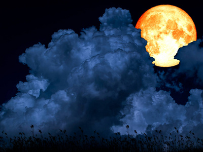 超级血月超级全血月亮在蓝色堆云彩剪影草之间照片