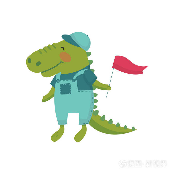 婴儿鳄鱼的卡通特征在爪子红色旗子.