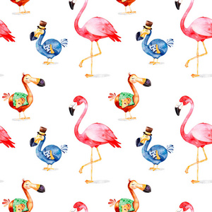卡通渡渡鸟和火烈鸟在白色背景上的无缝颜色图案