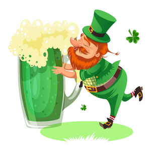 圣帕特里克节小精灵与杯绿色啤酒, 玻璃全酒精啤酒, 醉酒男子缸与凯尔特语爱尔兰象征运气三叶草叶子, 卡通精灵孤立在白色矢量插图