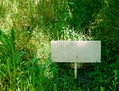 在大自然绿草如茵的背景下，长方形的木板矗立在地上