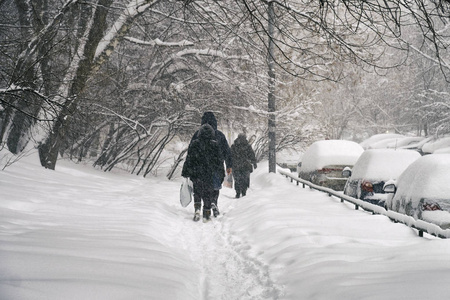 莫斯科下雪时人们沿着雪地小径漫步