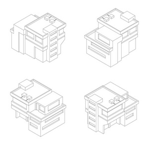 概述等距现代房子。建筑物的孤立向量图