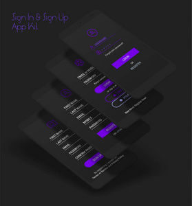 时尚的3d响应移动UI模板登录和注册移动应用程序模板在黑暗背景