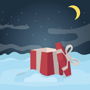 一个开放的红色新年礼物盒与丝带在黑暗的冬夜背景。矢量插图