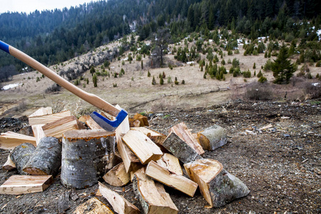 斧头卡住在山毛榉存根与木块作为背景。在山上