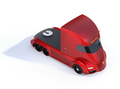 金属红色自动驾驶电动半卡车隔离在白色背景上。 三维渲染图像。 原始设计。