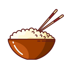 用筷子在粘土碗里画大米的彩色图片。日本食品在白色背景下的矢量图解