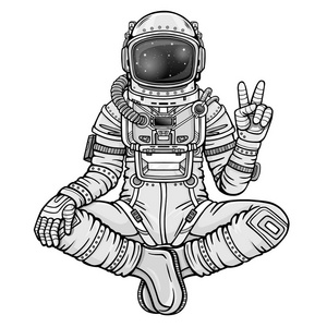 宇航员坐在佛陀姿势上的动画人物。 在太空中冥想。 单色绘图。 在白色背景上隔离的矢量插图。 打印海报T恤卡。